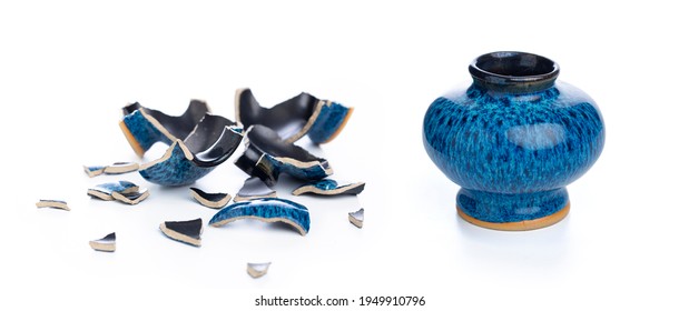 Ceramic vase and its broken form on isolated white background