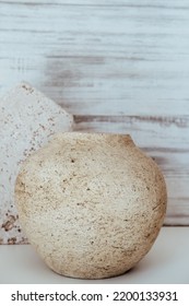 Ceramic Vase And Travertine Platform Natural Colours As Mockup And Background Concept.