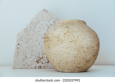 Ceramic Vase And Travertine Platform Natural Colours As Mockup And Background Concept.