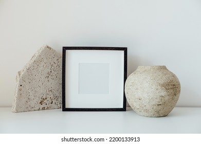 Ceramic Vase, Wooden Frame And Travertine Platform Natural Colours As Mockup And Background Concept.