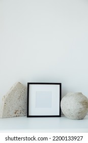 Ceramic Vase, Wooden Frame And Travertine Platform Natural Colours As Mockup And Background Concept.