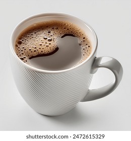 Ceramic white mug, volume 220ml, with coffee inside. The background is white, the protrusion on the handle is prominent - Powered by Shutterstock