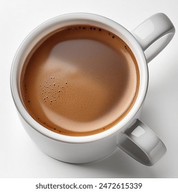 Ceramic white mug, volume 220ml, with coffee inside. The background is white, the protrusion on the handle is prominent - Powered by Shutterstock