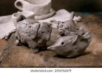 Ceramics workshop for children and beginners idea: dog, bird and fish figures made of raw clay, kids handmade ceramic creative. Dark wooden table. - Powered by Shutterstock