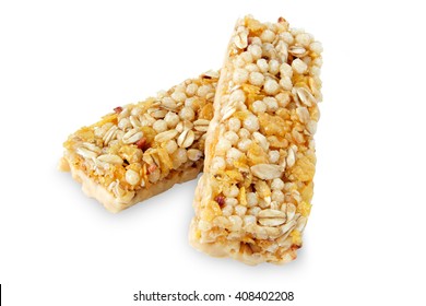 Cereal bar healthy munchies on white background