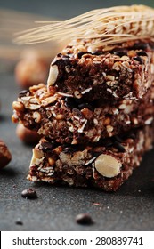 Cereal Bar With Nuts And Chocolate, Selective Focus