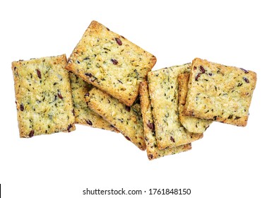 Cereal Crackers Isolated On White Background.  Crispy  Cracker Heap  With Sesame And Flax Seeds, Top View