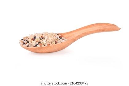 Cereal Germ, Red Rice, Jasmine Brown Rice And Rice Berry In Wooden Spoon Isolated On White Background.