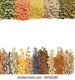 Cereal Grains , Seeds,Beans , border frame close up isolated on white background