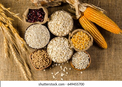 Cereal grains and seeds,beans on sackcloth, agriculture products - Shutterstock ID 649455700