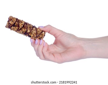 Cereal Granola Bar Healthy Food In Hand On White Background Isolation