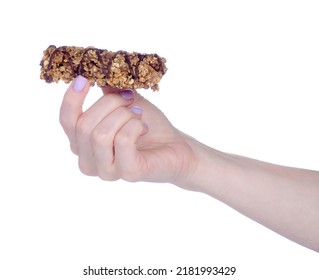 Cereal Granola Bar Healthy Food In Hand On White Background Isolation