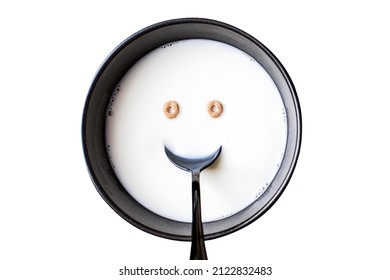 cereal with milk with a smiling face  isolated on white - Shutterstock ID 2122832483