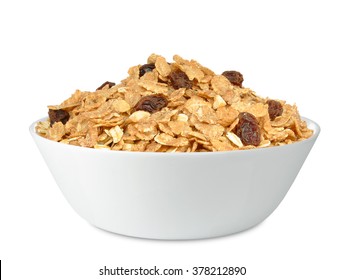 Cereal Muesli In Porcelain Bowl Isolated On White Background