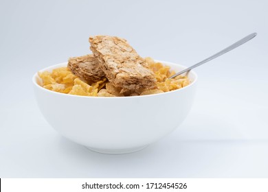 Cereal In A White Bowl On White Background. Healthy Breakfast Concept.