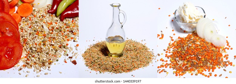 Cereals Including Wheat,red Lentil,yellow Split Lentil,bulgur,rice,buckwheat,quinoa,cereal Germ,onion,carrot,red Pepper,green Pepper,olive Oil And Leek On A White Isolated Floor