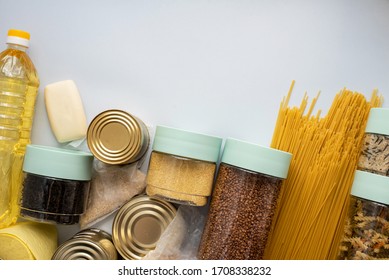Cereals, various products, canned food, pasta and soap with place for text. Humanitarian assistance during the coronavirus pandemic. Stock of non-perishable food items - Shutterstock ID 1708338232