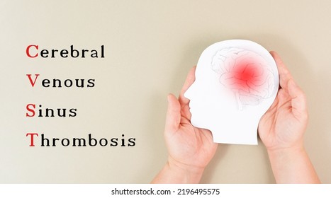 Cerebral Venous Sinus Thrombosis Is Standing On The Background, Silhouette Of A Head With A Brain, Red Blood Clot, Side Effect Covid-19 Vaccine