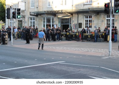 CEREDIGION, WALES - SEPTEMBER 10, 2022: The Outlaws Motorcycle Club Gathered Outside A Wetherspoons Public House In Aberystwyth 