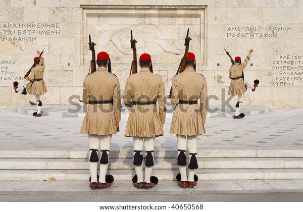 Ceremonial changing\
guards in Athens,\
Greece