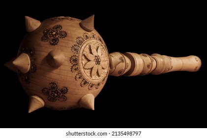 Ceremonial Mace Of Ukrainian Hetmans Isolated On Black Background. Wooden Bulava.