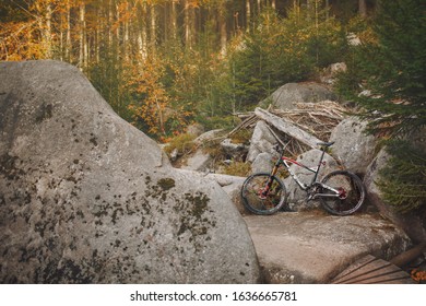 Cerna Voda, Czech Republic - October 15 2018: Mountain Bike GT Sensor Carbon Expert 2014 At Trail Dr. Wiessner Section In The World Famous Rychleby Trails.