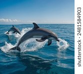 
Certainly! Here’s a description for "dolphins leaping":

"Dolphins Leaping"

In the sparkling blue ocean, dolphins leap joyfully into the air, their sleek bodies arching gracefully against the backdr