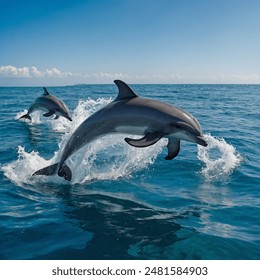 
Certainly! Here’s a description for "dolphins leaping":

"Dolphins Leaping"

In the sparkling blue ocean, dolphins leap joyfully into the air, their sleek bodies arching gracefully against the backdr - Powered by Shutterstock