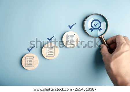 Certificate approval process with document checklist, magnifying focus quality assurance, verification system, compliance audit, and standard validation.