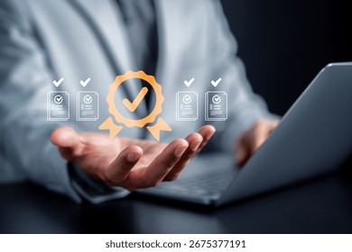 Certificate verification, document approval, quality assurance, and validation process with checkmark trust, compliance, and document review.
