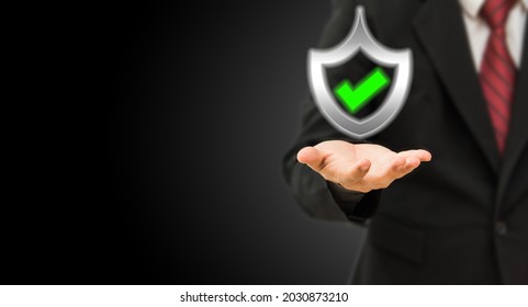 Certificate Warranty Mark Secure Access System. 
Business Man Holding Shield Protect The Best.