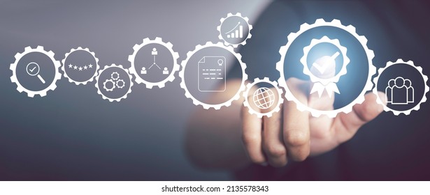 Certification Assurance Guarantee, ISO certification and standardization concept. Business process control optimisation industrial technology and workflow. Person touching certificate icons. - Shutterstock ID 2135578343