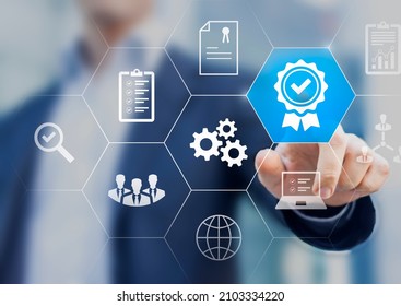 Certification and standardization process, iso certified business, conformity to international standards and quality assurance concept. Person touching certificate icon. - Shutterstock ID 2103334220