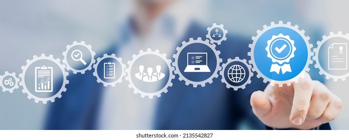 Certification and standardization process, iso certified business, conformity to international standards and quality assurance concept. Person touching certificate icon. - Shutterstock ID 2135542827