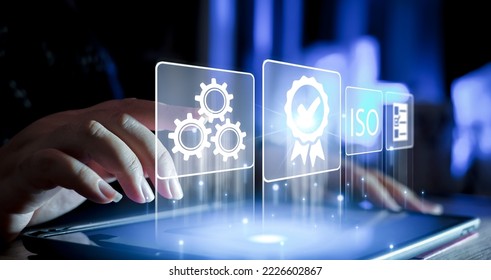 Certification and standardization process, iso certified business, conformity to international standards and quality assurance concept. Person touching certificate icon. - Shutterstock ID 2226602867