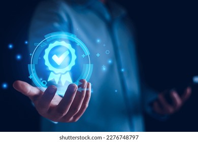 Certification and standardization process, iso certified business, conformity to international standards high quality assurance concept. good and premium service,  Person touching certificate icon.