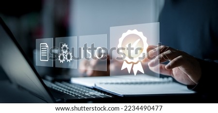 Certification and standardization process, iso certified business, conformity to international standards and quality assurance concept. Person touching certificate icon. marketing.	
