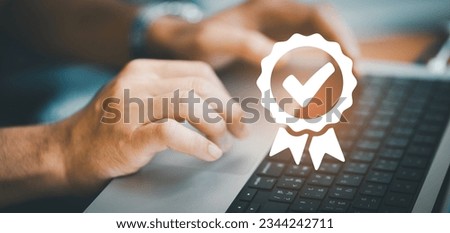 Certification and standardization process, iso certified business, conformity to international standards and quality assurance concept. Person are searching certificate icon by computer.