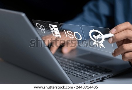 Certification and standardization process, iso certified business, conformity to international standards and quality assurance concept. Person touching certificate icon...