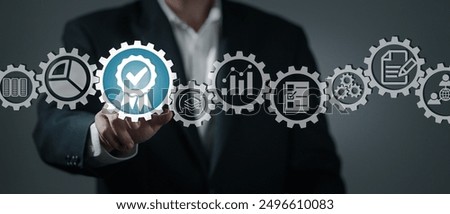 Certification and standardization process, iso certified business, conformity to international standards and quality assurance concept. Person touching certificate icon...	