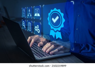 Certification and standardization process, quality assurance and conformity to international standards. Concept with icons for certificate, approval, compliance to requirements. Person using computer