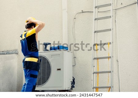 Certified engineer contracted to repair external air conditioner starting work shift. Expert technician wearing protective gear preparing to fix broken outdoor hvac system