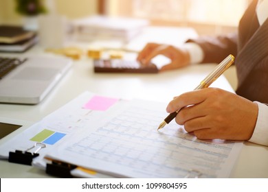 Certified Public Accountant, Man Working On Spreadsheet Document Financial Data.