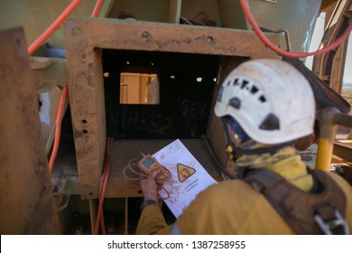 Certifies Miner Wearing Fall Body Harness Helmet Protection Holding Gas Test Detector Confined Space Permit Book And Inspecting Safety Environment Surrounding Before Conduct Gas Testing Prior Entry