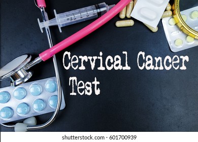 Cervical Cancer Test Word, Medical Term Word With Medical Concepts In Blackboard And Medical Equipment