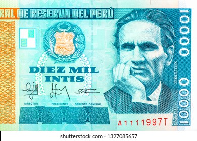 Cesar Vallejo. Portrait From Peru 10000 Indis 1988 Banknotes. 