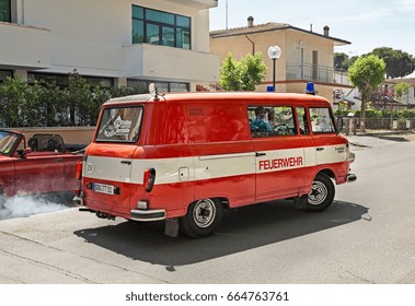 CESENATICO, FC, ITALY: Driver On A Former Fire Department Barkas B 1000 (GDR 1988) In 20th Meeting Of Trabant And Ifa Cars Of East Germany On May 14, 2017 In Cesenatico, FC, Italy
