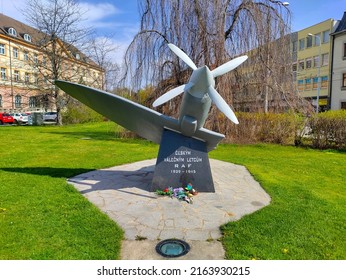 Ceske Budejovice, Czech Republic: April 30, 2022 - Statue Celebrating Czechoslovak Pilots During WWII In The UK. The Statue Is Made Of An Fighter Jet With One Wing Only.