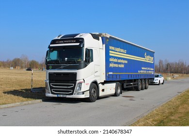 Ceske Budejovice, Czech Republic - March 26, 2022: Long Distance Cargo Truck Parked On The Rest Area With Clear Sky In The Background.