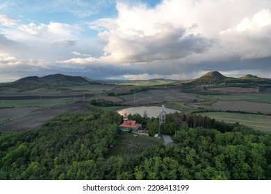 Ceske Stredohori aerial panorama landscape view from lookout tower Stribrnik, Rozhledna Stříbrník (Frotzelova rozhledna), scenic nature view of beautiful mountain range

 